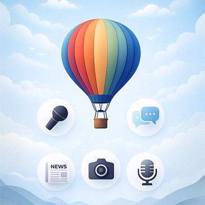 mongolfière qui s'élève dans le ciel entourée des éléments média de communication